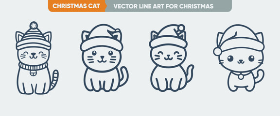 Minimal Thin Line Web Icon Set: Cat Cute Outline Icons, Simple Vector for Christmas and New Year
