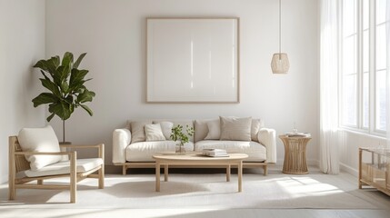 Fototapeta premium Hyperrealistic photo of a bright, naturally lit living room featuring sleek furniture and minimalist decor. The soft, cozy ambiance makes it perfect for a high-end magazine shoot, captured in sharp