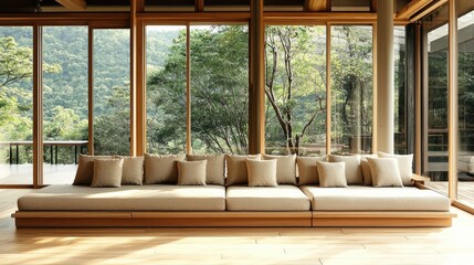 Fototapeta premium Modern living room with wooden floor and large windows overlooking a lush green forest.