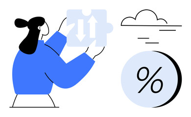 Woman holding puzzle piece with upward and downward arrows near large percentage symbol and cloud. Ideal for business strategy, finance, analysis, problem-solving, market trends, economic impact