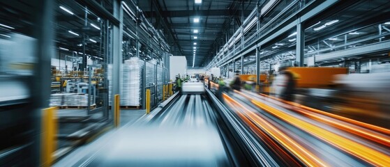 Very realistic and photographic photo of a sleek warehouse interior with automation machinery and blurred workers in constant motion The long exposure captures the flow and efficiency of the