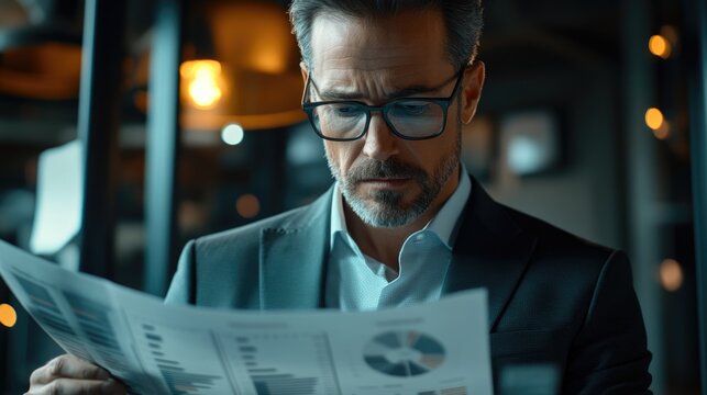 Hyperrealistic photo of: A business leader reviewing CRM reports, focused on identifying key performance indicators. The 32k resolution image, styled like a high-end magazine, is color-graded to