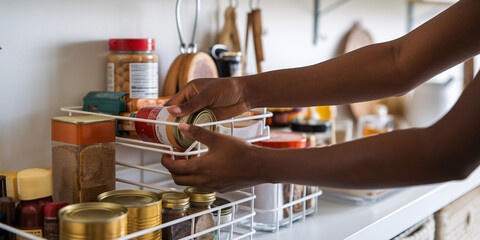 Organizing the Pantry.  Close-up of an African American woman arranging pantry items, keeping a well-organized kitchen to make family meals and daily routines efficient and enjoyable.