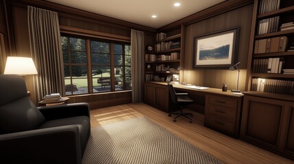 This sophisticated office showcases dark wood shelves, a sleek desk, a black swivel chair, and a large contemporary artwork enhancing the ambiance