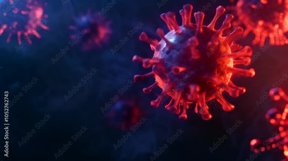 Poster Microscopic view of virus cells with spikes and receptors floating in a dark environment, possibly representing a virus like monkeypox or coronavirus