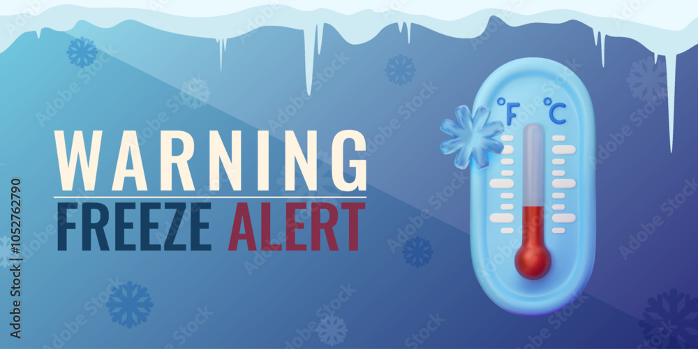 Wall mural extreme cold warning illustration. weather alert. 3d vector thermometer with snowflake on gradient b