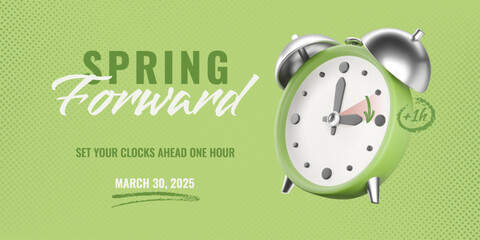 Spring Forward 2025, Daylight saving time banner. Isolated 3D realistic alarm clock on green halftone textured background, charcoal arrow and underline. Vector illustration