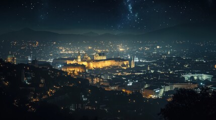 Obraz premium A vibrant night-time view of the capital city cultural landmarks, illuminated and standing