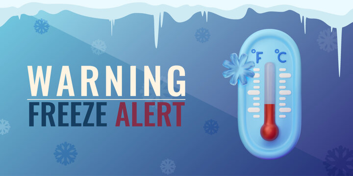 Extreme cold warning illustration. Weather alert. 3D vector thermometer with snowflake on gradient blue background