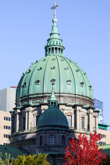 Domed copper roof Roman Catholic Cathedral on sunny autumn day