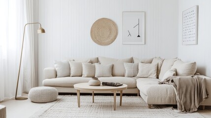 Obraz premium A realistic photo of a modern living room with white walls, a beige sofa, and a coffee table A soft rug, standing floor lamp, and wall decor complete the stylish, cozy look Cushions and throws