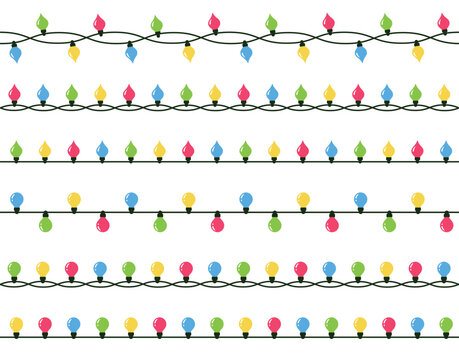 Christmas lights garland. Big set lightbulb glowing garland line. Seamless border pattern for holiday cards, invitations and greetings. Collection of decorative dividers. Cartoon vector. Isolated