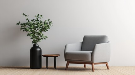 A realistic photo of a serene, minimalist living room setup with a modern gray armchair and a small wooden side table. The black vase with greenery adds a natural, decorative element, styled like a