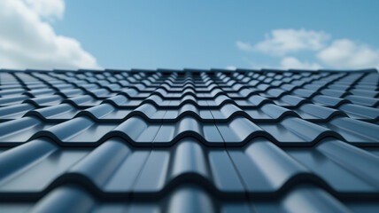 Fototapeta premium Close up view of modern metal roof showcasing its wavy texture and sleek design under clear blue sky. image captures beauty and durability of contemporary roofing materials