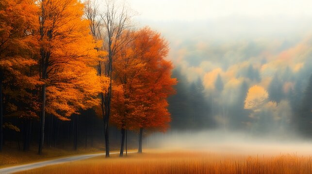 trees orange leaves foggy field road gorgeous hemlocks serene vast landscape heavy color compression maple syrup sea young soft pastels dreamy captured