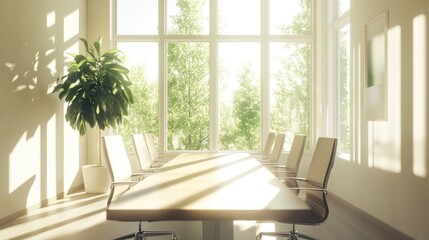 High-resolution photorealistic capture of a bright, minimalist boardroom featuring a polished table, sleek chairs, and natural light from large windows The professional color grading highlights the