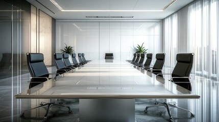 High-resolution photorealistic shot of a minimalist boardroom with a long polished table and sleek black chairs The clean lines and ample natural lighting create a luxurious business setting Styled