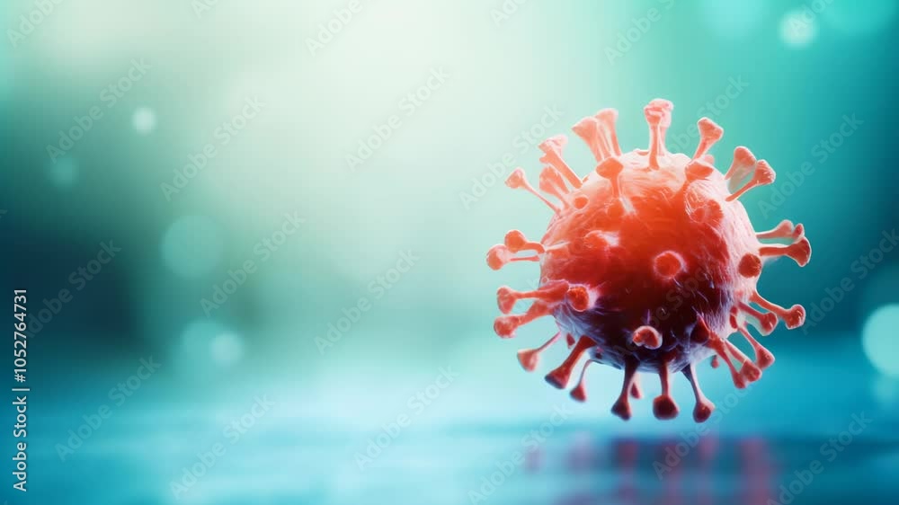 Poster Microscopic view of dangerous coronavirus covid 19 cell floating over reflective surface with bokeh effect in the background representing contagious pandemic disease