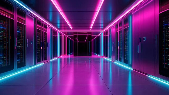 A hallway in a server room is illuminated by neon blue and pink lights