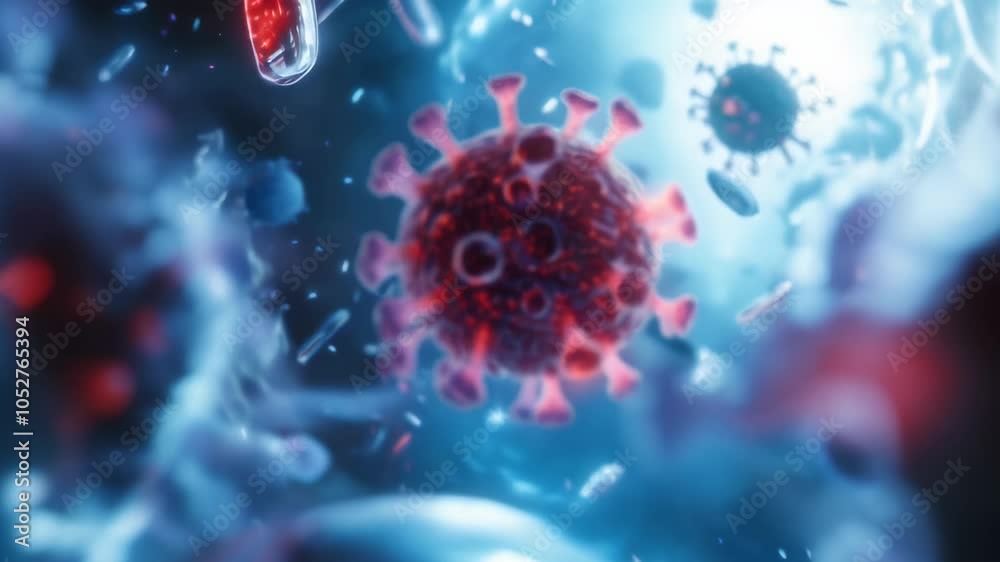 Poster microscopic view of virus cells infecting and attacking healthy cells, causing disease and illness, 