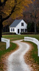 Obraz premium An inviting landscape features colonial houses embraced by colorful fall leaves and a winding path leading to the front door