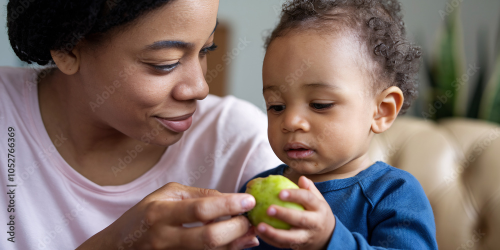 Wall mural an african american mother offers her toddler a healthy fruit snack in a close-up scene. her gentle 