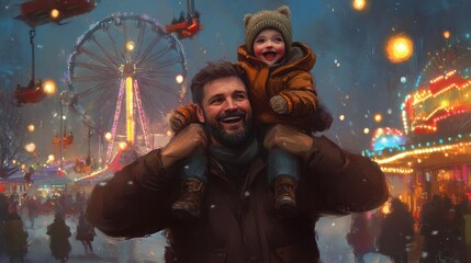 Obraz premium A father and his child enjoy a magical winter carnival, filled with twinkling lights, festive decorations, and a Ferris wheel in the background.