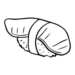A doodle-style illustration of various sushi pieces, nigiri, rolls, and sashimi. Hand-drawn with cute, whimsical details. For Asian food-themed designs and patterns
