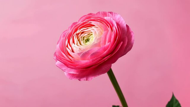 A single pink ranunculus flower blooms against a pink background