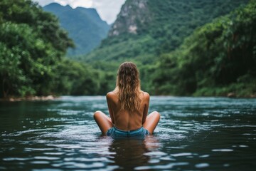 Fototapeta premium Young woman enjoying serene solitude in a tranquil river surrounded by lush mountains on a peaceful day