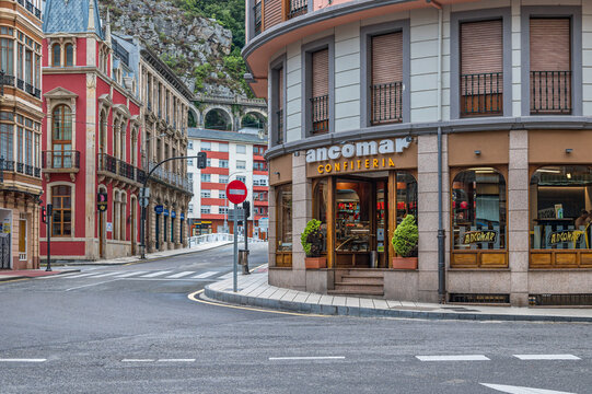 LUARCA, SPAIN - SEPTEMBER 2, 2022: View of colorful streets with shops in the old town of Luarca, Asturias, northern Spain