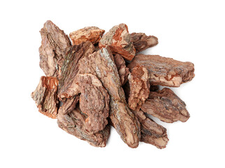 Pieces of tree bark on white background, above view