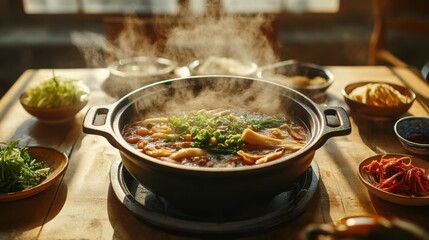 Hotpot on a table with steam swirling up, natural light casting soft shadows on the