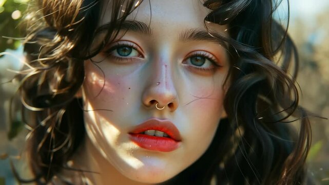 A young woman with long, dark hair looks at the camera with a soft gaze