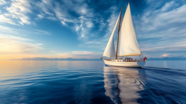 sailboat sailing calm mountains background romantic simple path traced break objects float sky blue old wooden ship iliad
