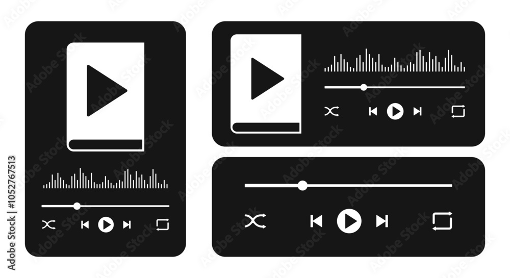 Wall mural audiobook app interface templates with audio book sign, progress slider bar, equalizer sound wave an