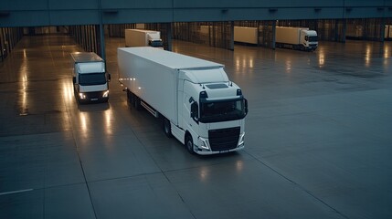Three cargo trucks and two cars are parked at an industrial complex where workers are actively engaged on a sunny day