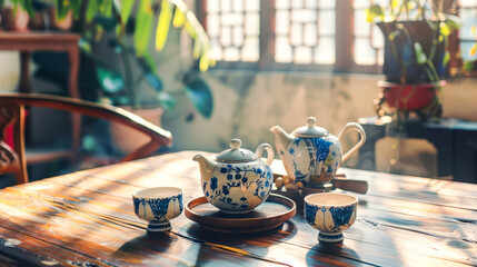 Sunlit ceramic tea set on wooden table in serene indoor setting with greenery