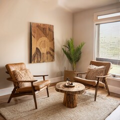 Modern organic wabi sabi Japandi boho neutral beige aesthetics living room using beige, white, black and brown, sherpa throws, rust, orange tan accessories, yarn wall art, plants and palms, big window