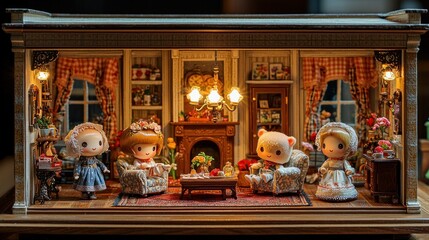 Fototapeta premium Miniature dollhouse living room with dolls and bear relaxing.