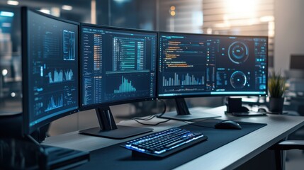 Fototapeta premium Modern business computer setup with multiple monitors, a sleek keyboard, and