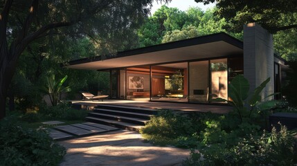 Modern minimalist elevated home in a petite garden setting, with sleek lines and