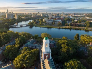 View from Harvard University campus over the Charles River at sunrise. Cambridge, Massachusetts,...