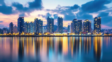 Fototapeta premium The beautiful skyline of Ulsan, with its blend of modern buildings and illuminated harbor