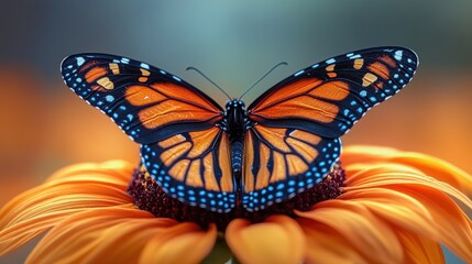 Fototapeta premium A butterfly resting on a sunflower, with each wing and petal vibrantly colored.
