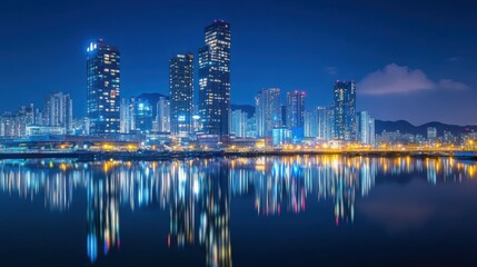 Fototapeta premium The beautiful skyline of Ulsan, with its blend of modern buildings and illuminated harbor