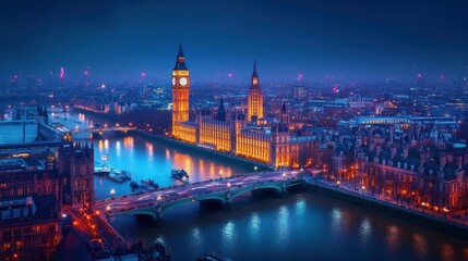 Obraz premium The capital city night-time panorama, featuring a blend of historical landmarks