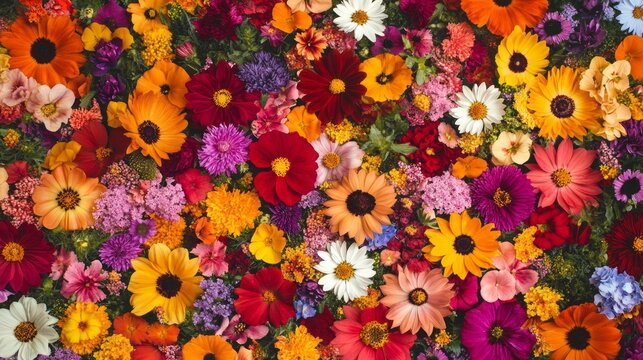 A vibrant floral background filled with blooming wildflowers in various colors, creating a cheerful and lively atmosphere for branding