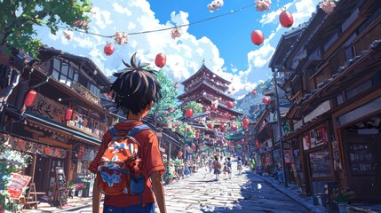 Naklejka premium Fantasy Japanese Village with Red Lanterns and Boy