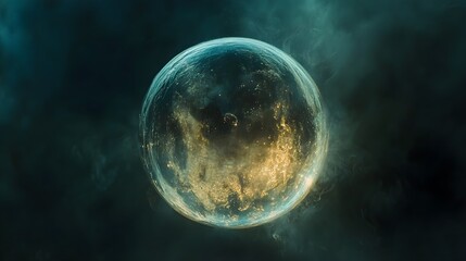 Close-up of a delicate, shimmering soap bubble reflecting soft light, suspended in a dark void, creating a magical and ethereal feel. Soap bubble, translucent, dark background